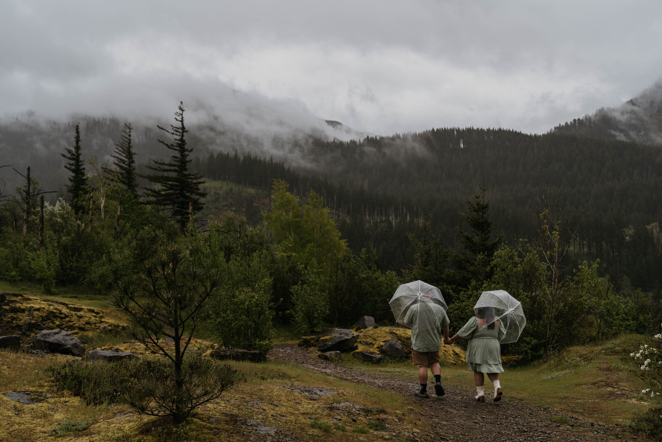 couple walking on path with umbrellas in the rain in mountain landscape