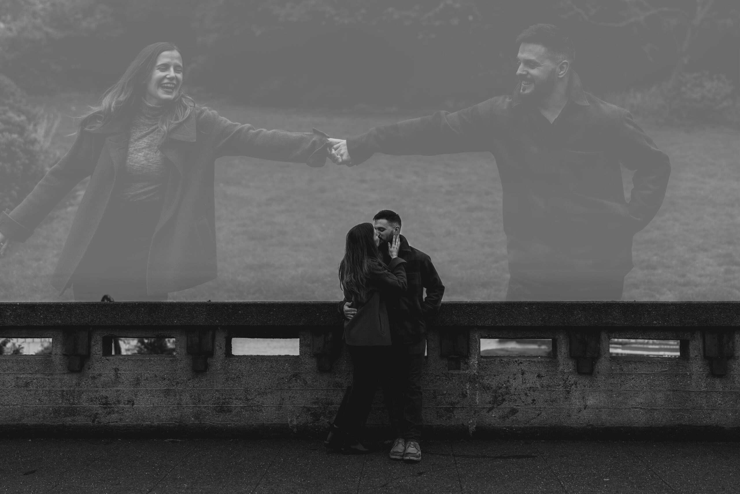 black and white of double exposure, one image of couple on bridge kissing and another with couple holding hands running laughing